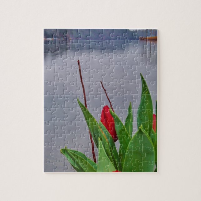 Red Tulips Blue Lake Arrowhead water Jigsaw Puzzle (Vertical)