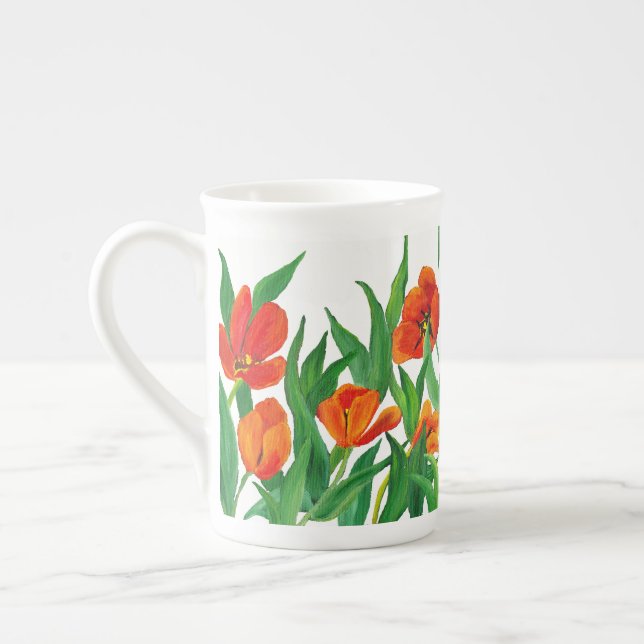 Red Tulips Bone China Mug (Left)