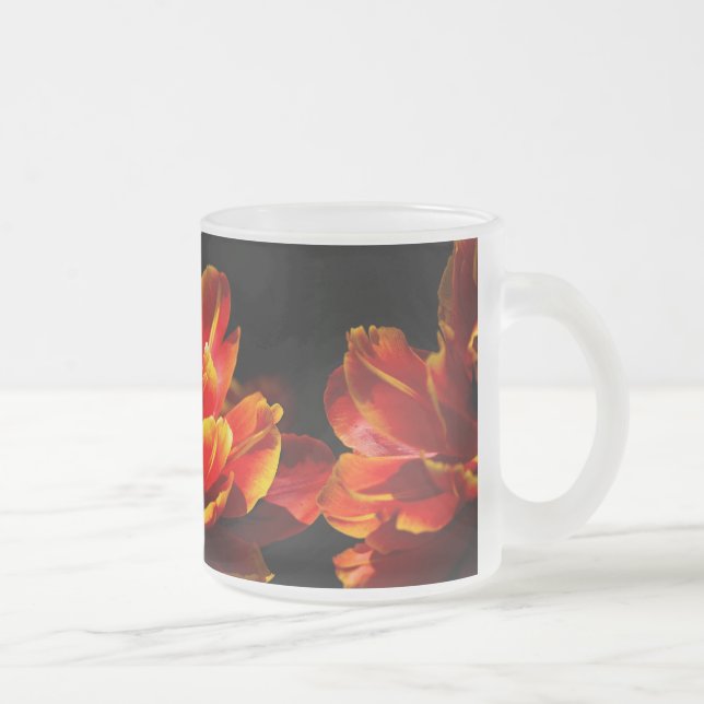 Red tulips dark background frosted glass coffee mug (Right)