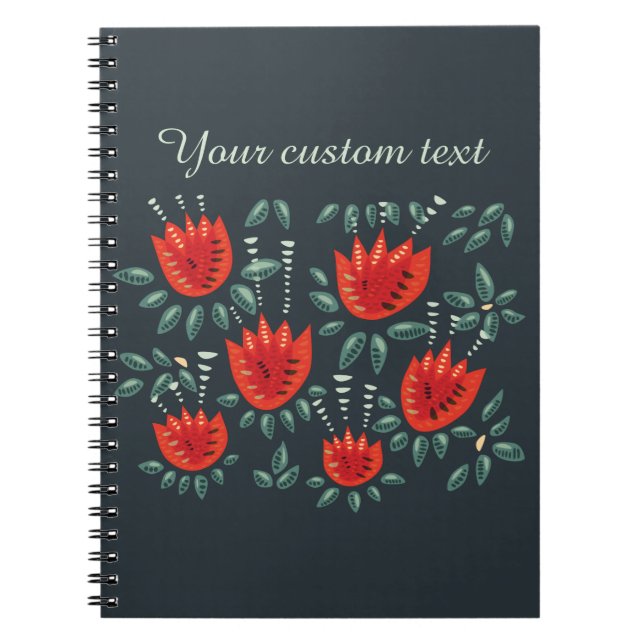 Red Tulips Dark Floral Pattern Custom Text Notebook (Front)