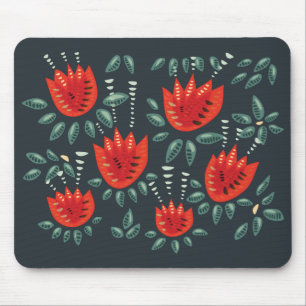 Red Tulips Decorative Abstract Dark Floral Pattern Mouse Mat