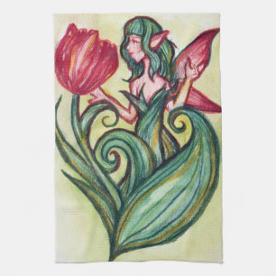 Red Tulips Fairy Tea Towel