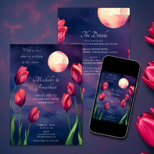 Red Tulips, Full Moon and Stars All in One Wedding Invitation