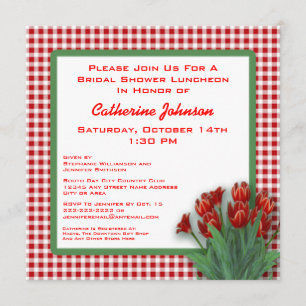 Red Tulips Gingham Checked Bridal Shower Luncheon Invitation