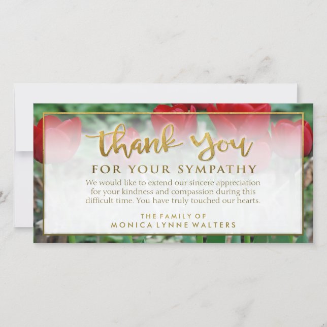 Red Tulips Golden Thank You Sympathy Card (Front)