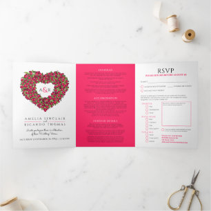 Red tulips heart art monogram wedding all-in-one Tri-Fold invitation
