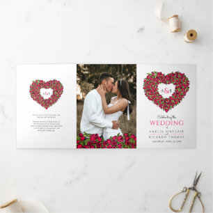 Red tulips heart ink art love story photos wedding Tri-Fold programme