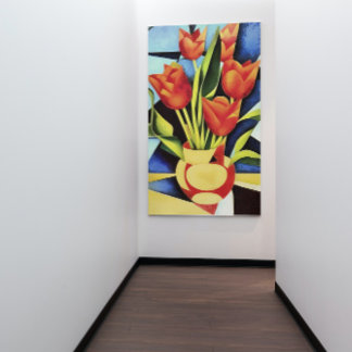 Red Tulips In A Red And Yellow Vase Canvas Print