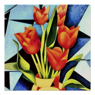 Red Tulips In A Red And Yellow Vase Poster