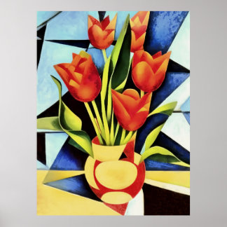 Red Tulips In A Red And Yellow Vase Poster