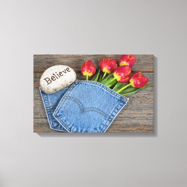 red tulips in blue jean pocket canvas print (Front)