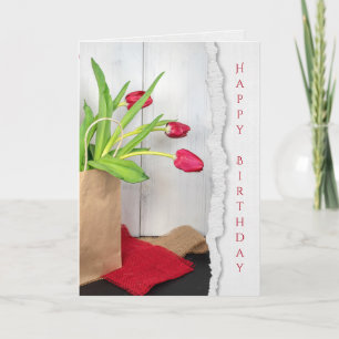 red tulips in brown bag card