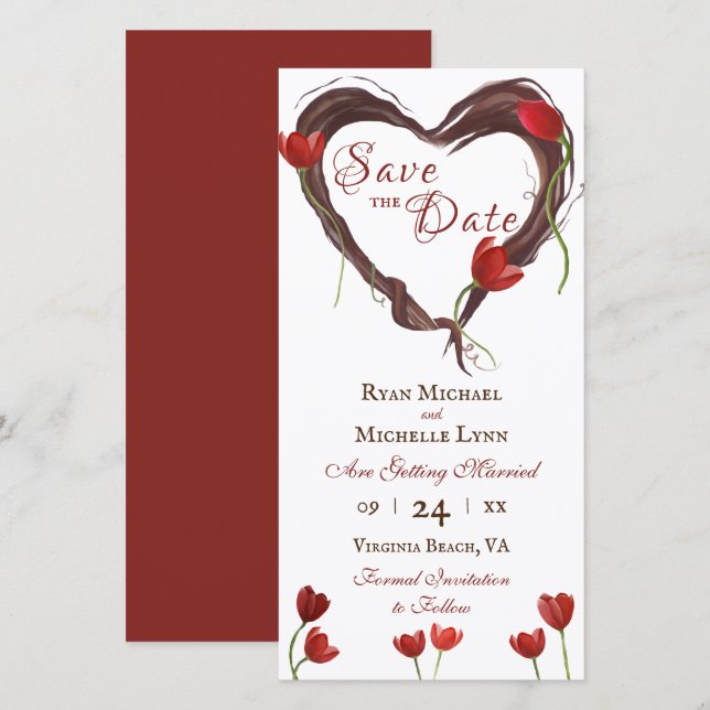 Red Tulips, Love Heart Wreath w/ Red Back Wedding Save The Date (Front/Back)