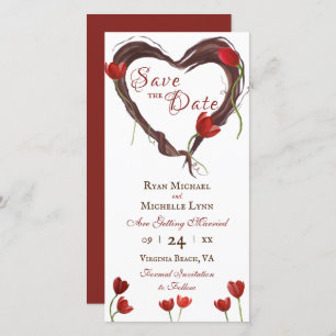 Red Tulips, Love Heart Wreath w/ Red Back Wedding Save The Date