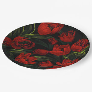 Red Tulips on Black Paper Plate