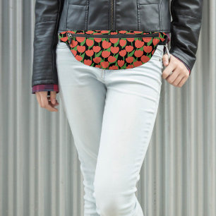 Red tulips on black, retro vintage bum bags