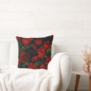 Red Tulips on Black Throw Pillow