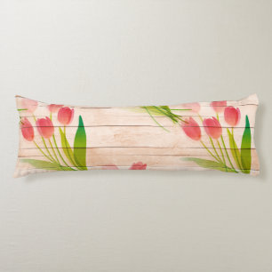 Red Tulips on Clean Wood Background Body Cushion