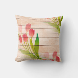 Red Tulips on Clean Wood Background Cushion