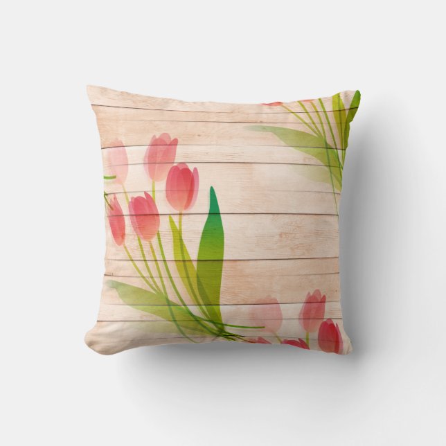 Red Tulips on Clean Wood Background Cushion (Front)
