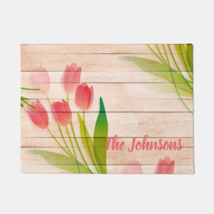 Red Tulips on Clean Wood Background Doormat