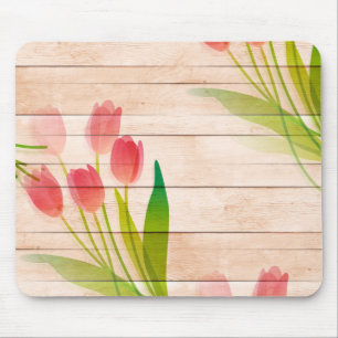 Red Tulips on Clean Wood Background Mouse Mat