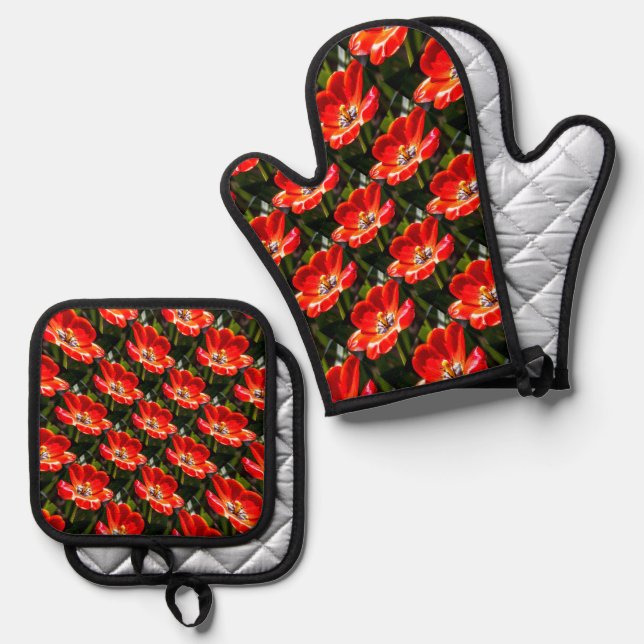 Red Tulips Pattern Oven Mitt & Pot Holder Set (Front/Back)