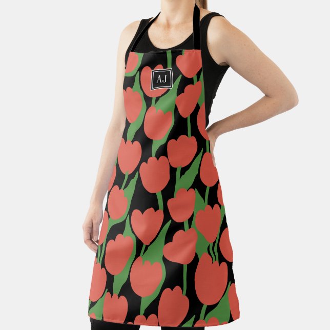 Red tulips retro, personalised Apron (Insitu)
