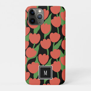 Red tulips retro, personalised monogram iPhone 11 pro case
