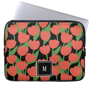 Red tulips retro, personalised monogram laptop sleeve