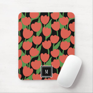 Red tulips retro, personalised monogram mouse mat