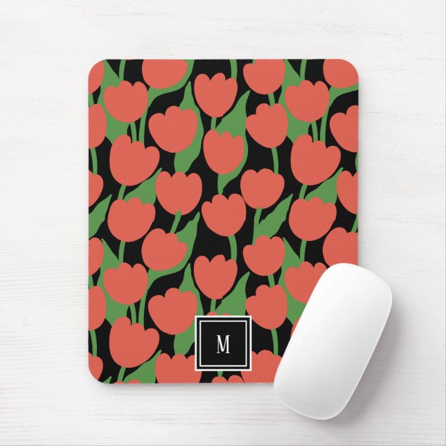 Red tulips retro, personalised monogram  mouse mat (With Mouse)