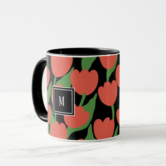 Red tulips retro, personalised monogram Mug (Front Left)