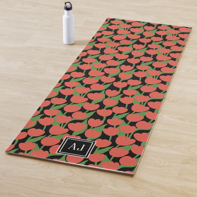 Red tulips retro, personalised  yoga mat (In Situ)