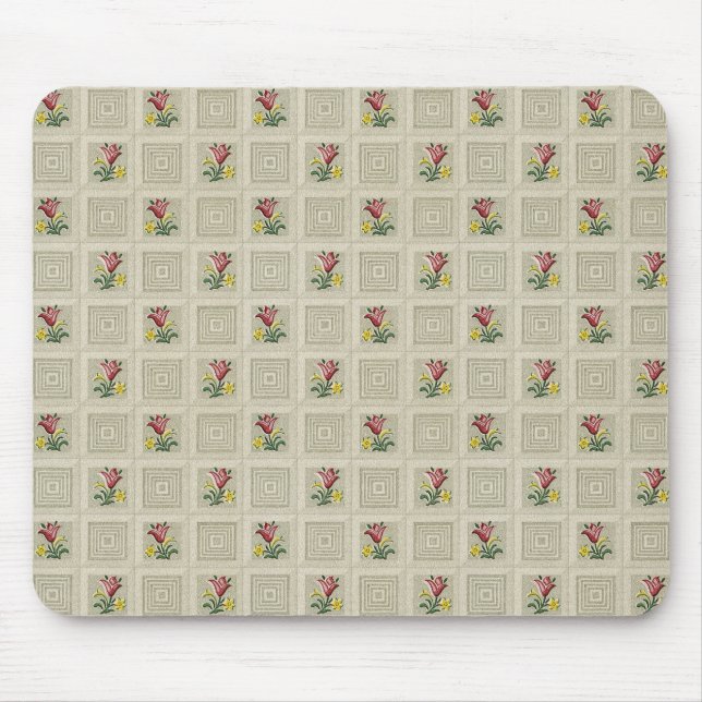 Red Tulips Retro Stone Tiled Squares Wallpaper Mouse Mat (Front)