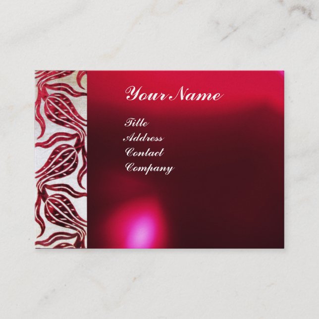 RED TULIPS VELVET DAMASK MONOGRAM Burgundy White Business Card (Front)