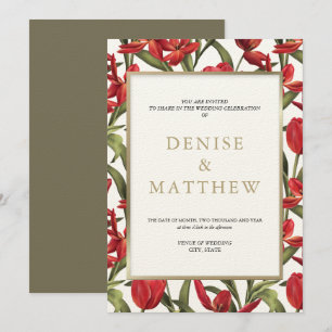 Red Tulips Watercolor Floral with Gold Lettering Invitation