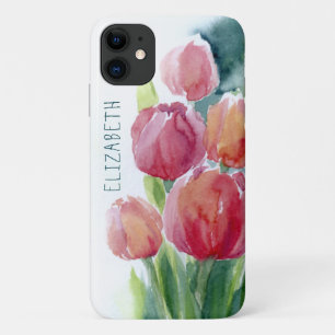 Red tulips watercolor spring blooms  iPhone 11 case