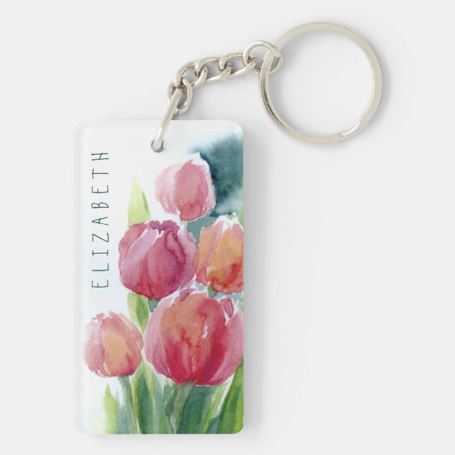 Red tulips watercolor spring blooms keychain (Back)