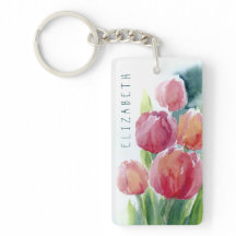Red tulips watercolor spring blooms keychain