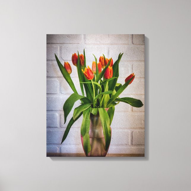 Red Tulips White Brick Wall Canvas Print (Front)