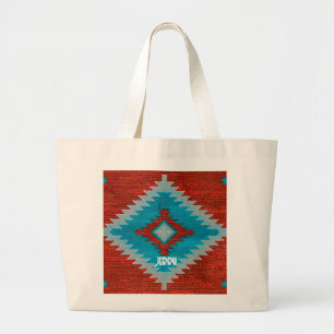 Red Turquoise Aztec Southwest Tribal Pattern Large Tote Bag