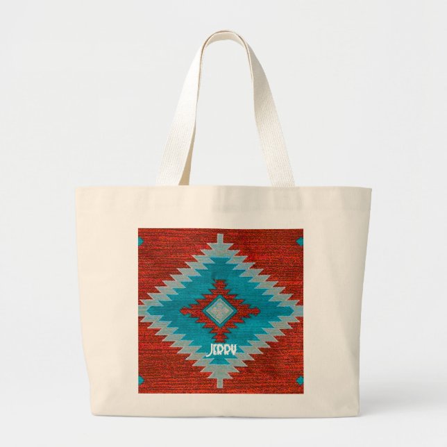 Red Turquoise Aztec Southwest Tribal Pattern Large Tote Bag (Front)