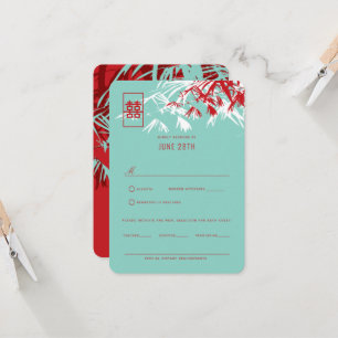 Red & Turquoise Bamboo Leaves Chinese Wedding RSVP Invitation