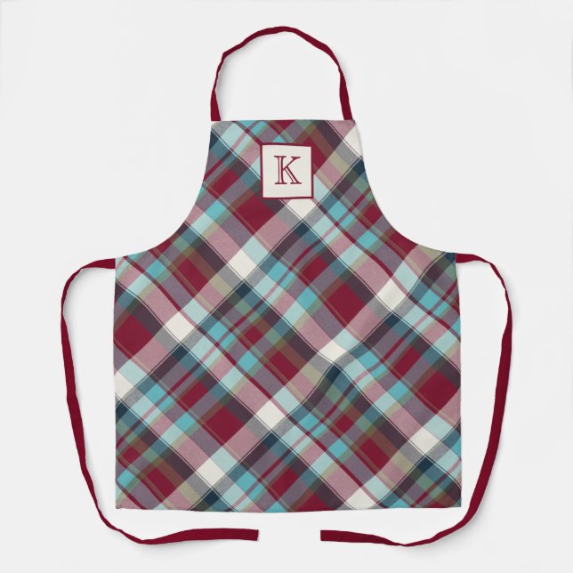 Red, Turquoise, Blue, White Plaid Apron (Front)