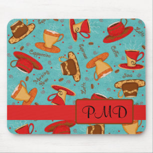 Red Turquoise Coffee Cups Pattern Monogram Mouse Mat