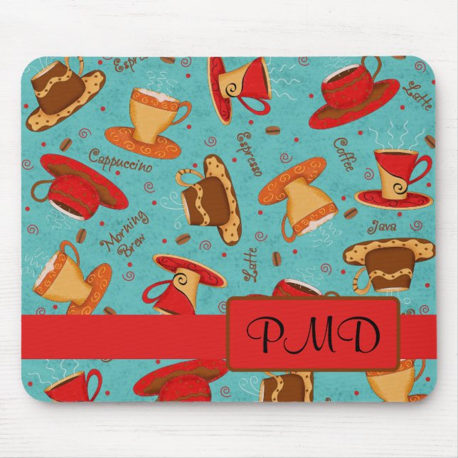 Red Turquoise Coffee Cups Pattern Monogram Mouse Mat (Front)