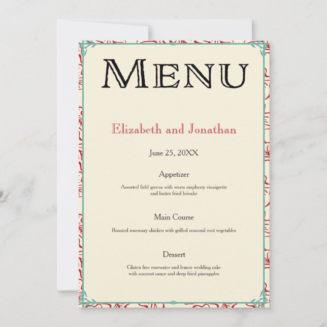 Red & Turquoise Country Wedding Reception Menu Invitation (Front)