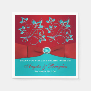 Red, Turquoise Floral Paper Napkins