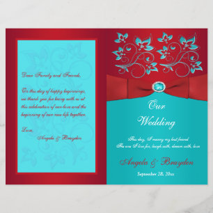 Red, Turquoise Floral Wedding Program Flyer